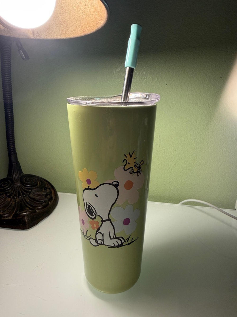 Peanuts Green Snoopy & Woodstock Floral Stainless Tumbler with Straw